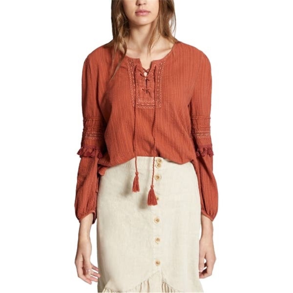 American Eagle Outfitters Terracotta Orange Draw-String Cross Pattern Lacey Top